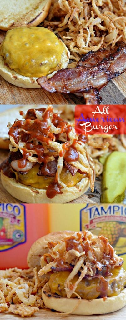 This All American Burger is just in time for your 4th of July Celebration! The crispy onion straws and tangy BBQ sauce make this a perfect addition to any BBQ. 