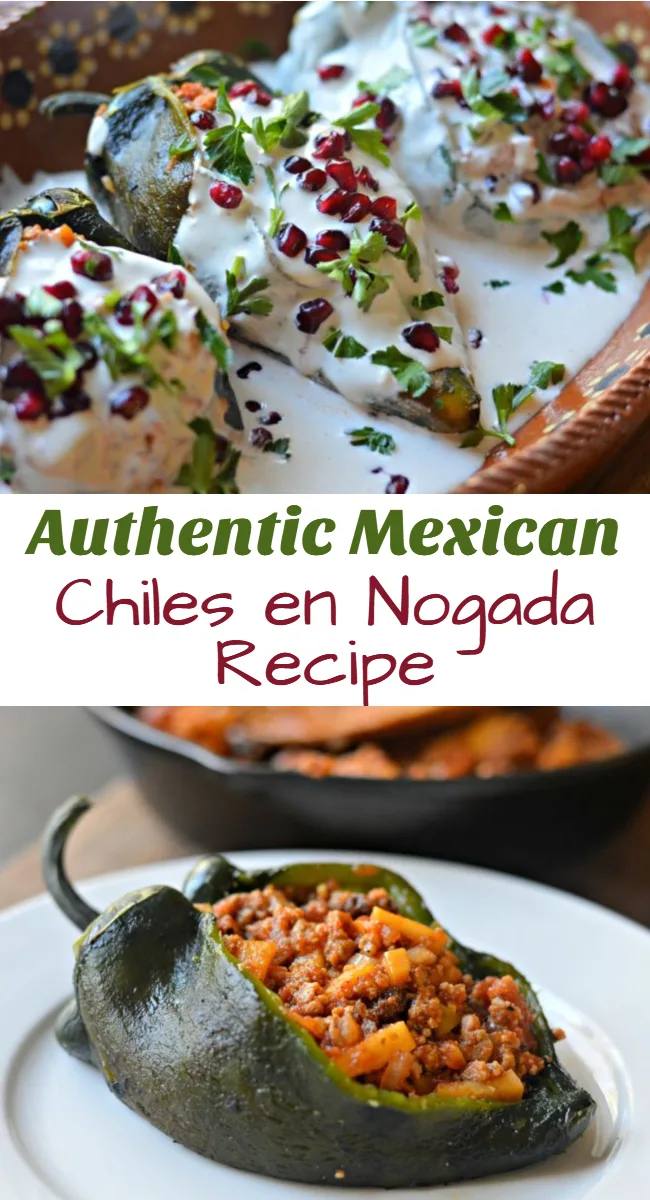 Inside: Keep reading to find out how to make this delicious chiles en nogada recipe; made with poblano peppers, stuffed with seasoned ground beef, and smothered in a delicious, creamy salsa